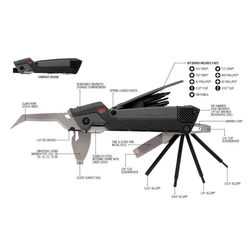 Real Avid Pro Gun Tool – 30 Herramientas Multiusos Para Rifles Y Escopetas, Color Gris